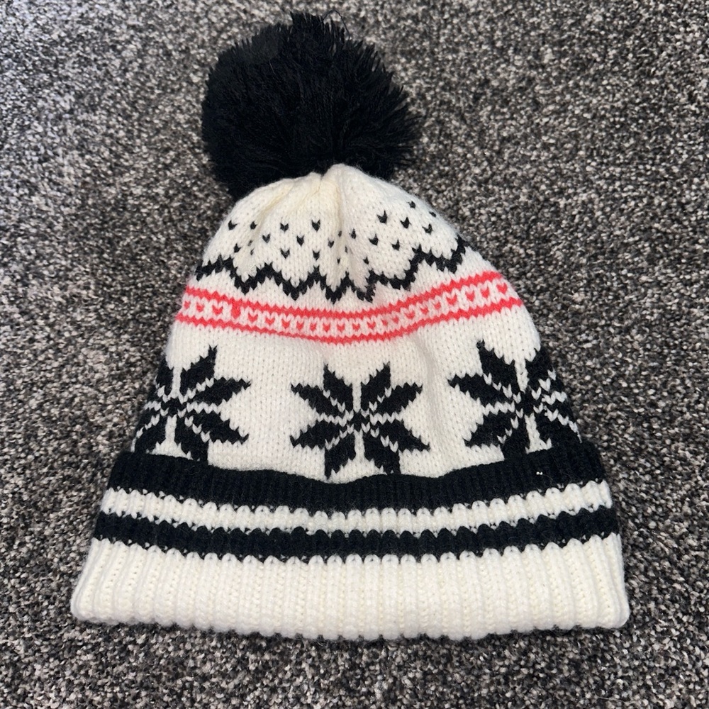 Black and White Knit Hat with Pom Pom Nordic Pattern